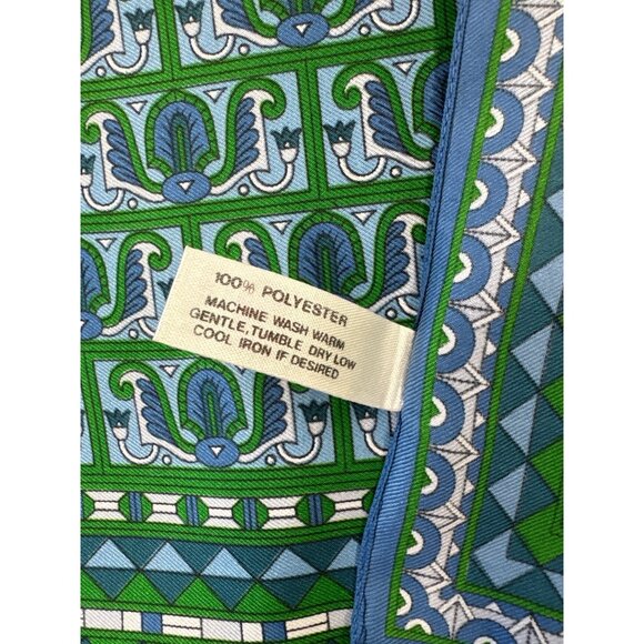 Vintage Ornate Italian Green Blue Geometric Polyester Scarf Headwear